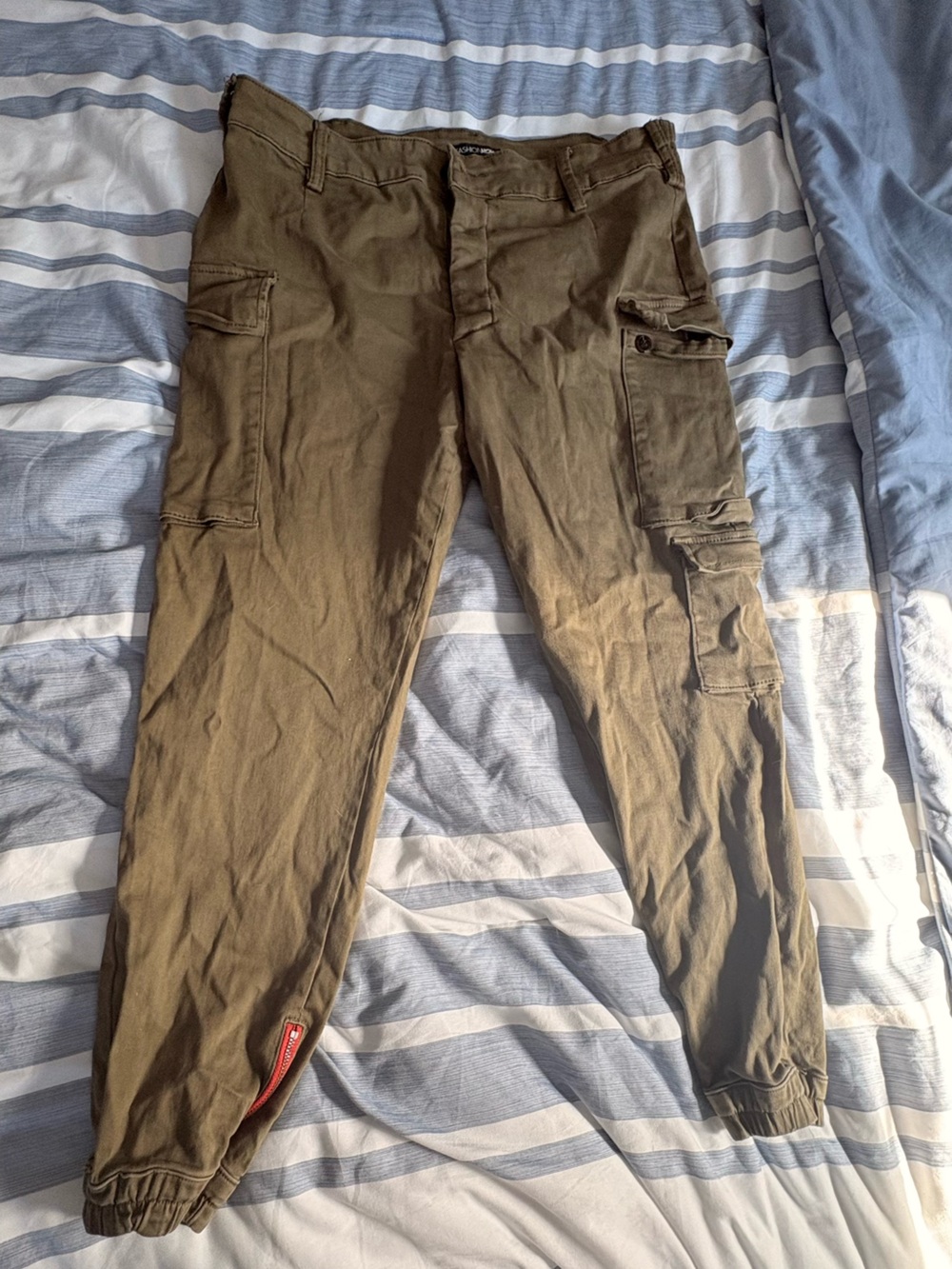 Fashion Nova Olive Green Cargo Joggers with Red Zip Pull